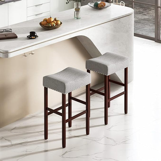 COSTWAY Counter Height Bar Stools Set of 2, 29.5-inch Backless Saddle Stools with Nailhead Trim, Rubber Wood Frame, Footrest, Max Load 330 Lbs, Upholstered Barstools for Kitchen Island Pub, Grey