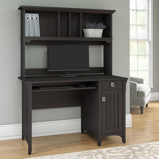 Bush Furniture Salinas Computer Desk with Hutch | Study Table with Drawers, Cabinets & Pullout Keyboard/Laptop Tray | Modern Home Office Desk in Vintage Black | Work Desk with Storage