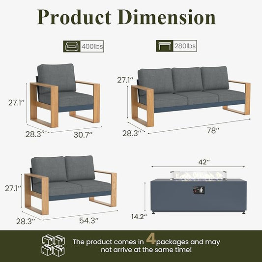 LayinSun 5 Pieces Aluminum Patio Furniture Set with Fire Pit Table, Oversized Seat with Hight Back, Outdoor Conversation Sets for Porch, Balcony, Deck