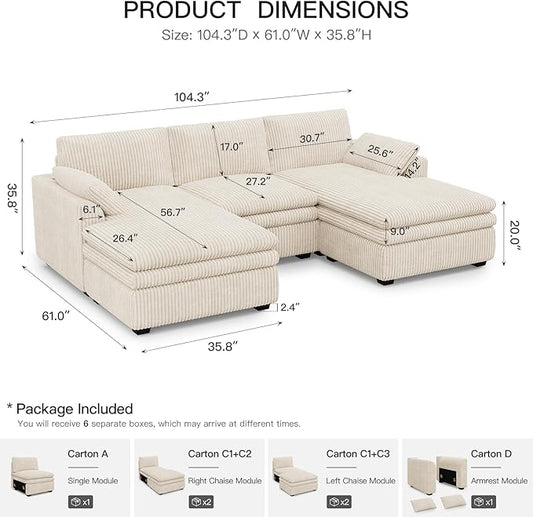 Belffin Large Modular Sectional Sofa with Double Deep Chaise, 104" Corduroy U Shaped Couch with 9" Soft Dual-Layer Seats Cushion Sectional Couches for Living Room, Apartment, Beige