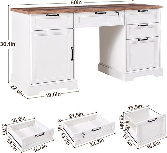 60" Farmhouse Executive Desk with Charging Station,Home Office Desk with 4 Drawers & 1 Cabinet&1 File Cabinet,Main Drawer with Lock,Wood Desk for Office and Home