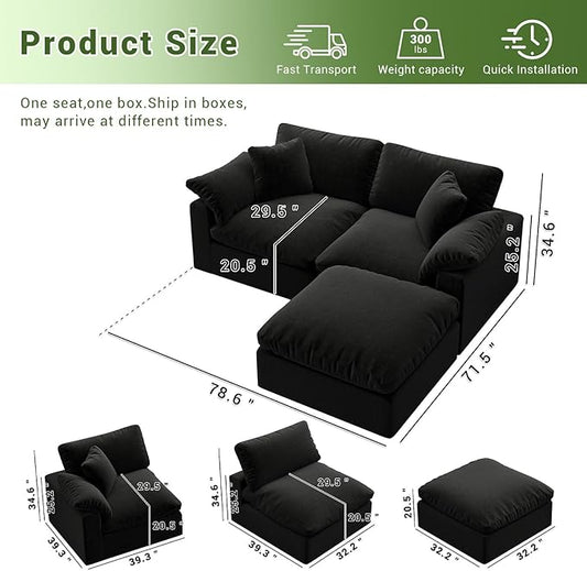 Cloud Modular Sectional Sofa,2 Seat Down Filled Sofa 78.6" Minimalist Sofa,Cover Washable and Replaceable Couches for Living Room,Sectional Sofa Deep Seat Black