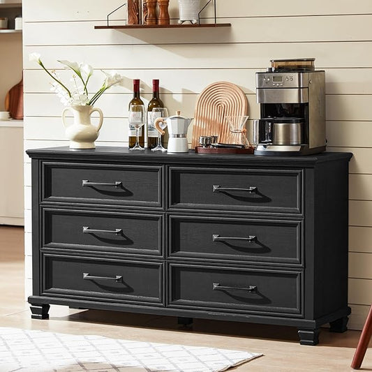 Farmhouse Bedroom Dresser and Nightstand Set of 4, 6 Drawer Tall & Low Dresser & 3 Drawer Nightstand Set with Wooden Legs, Rustic Wood Bedroom Furniture Sets for Livingroom, Hallway, Black