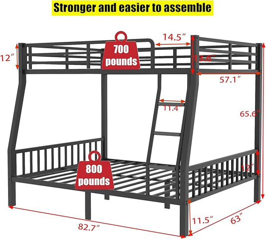 Stronger & Higher Quality Heavy Duty Steel Bunk Bed Full XL Over Queen Size Bunkbed, Thickened Safer More Stable Metal Queen Bunk Bed Frame (Faster Assembly) (Full XL Over Queen)