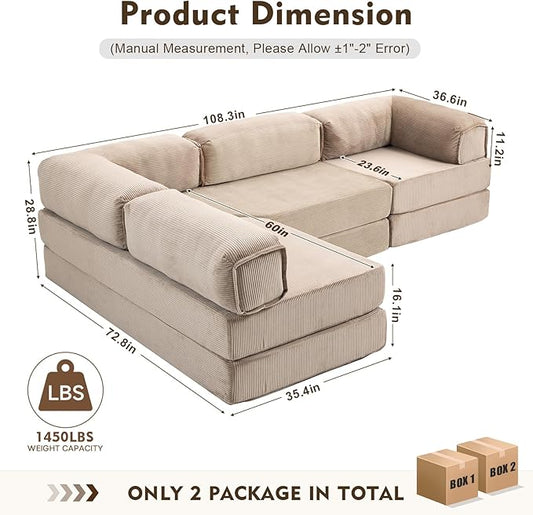 108" L Shaped Couch, Modular Sectional Sofa with Chaise, Cloud Boneless Couch with Deep Seat & Removable Pillow for Living Room, Bedroom,No Assembly Required(Camel)