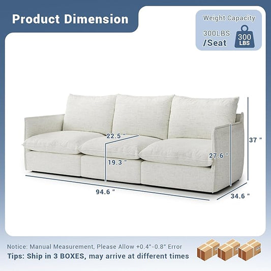 94.6" Cloud Modular Sectional Sofa, Waterproof Down Filled Sectional Sofas, High Backrest 3 Seater Sectional Couches for Living Room, Modern Modular Couch with Removable Cover, Cream White