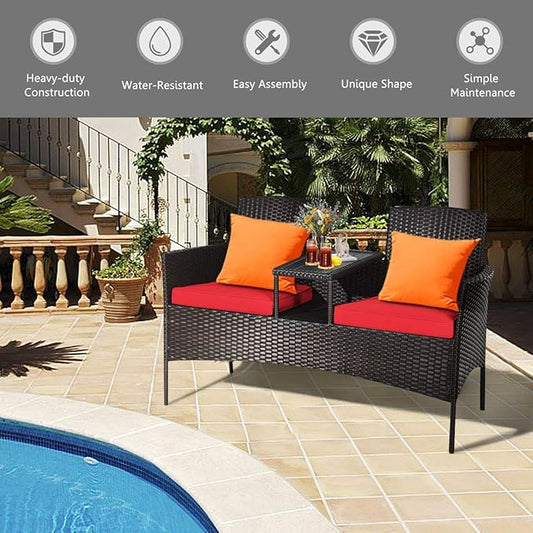 COSTWAY 2-Seat Patio Conversation Sets, Outdoor Patio Loveseat Set with Removable Cushions & Built-in Coffee Table for Backyard, Garden, Lawn, Balcony, Black+Red