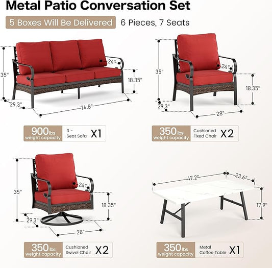 6 Piece Metal Outdoor Patio Furniture Set, Patio Conversation Set with Swivel Chair and 5.75" Thick Cushion & Coffee Tabl, Outdoor Seating Black Frame Backyard Furniture, Rust Red