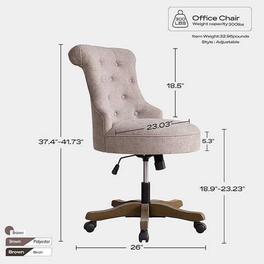 Home Office Chair Adjustable Height Swivel Chair with Wheels Linen Fabric Upholstered Computer Desk Chair with Wooden Legs Comfortable Armless Chair for Home Office Study Studio(Khaki)