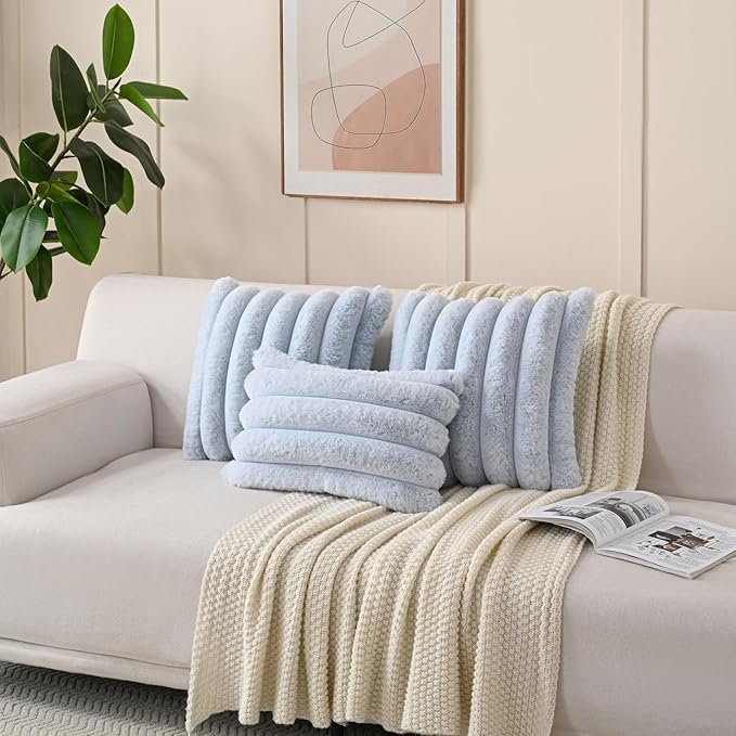 FUTEI Light Blue Decorative Throw Pillow Covers 22x22 Inch Set of 2, Square Soft Faux Rabbit Fur Thick Striped Cushion Cover,Winter Home Decor for Couch Bed Living Room