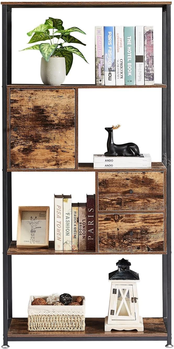VECELO 5-Tier Bookshelf with 2 Storage Drawers & 1 Cabinet,Industrial Display Standing Shelf, Metal Frame Wood Storage Shelf,Open Bookcases for Living Room, Bedroom, Home,Office