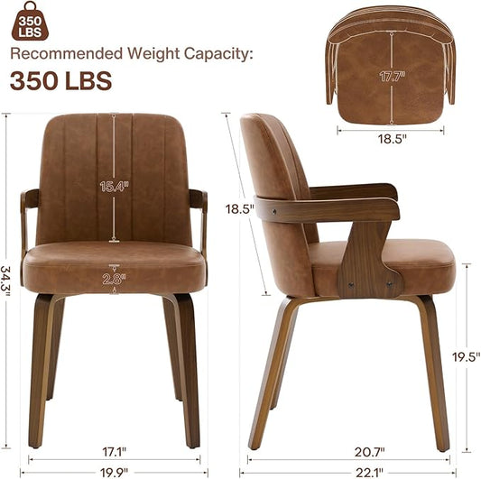 Kitchen Dining Chairs Set of 2, Faux Leather Upholstered Dining Room Chairs with Wood Arms and Legs, Mid Century Modern Kitchen Side Chair for Living, Bedroom, Restaurant, Walnut/Brown