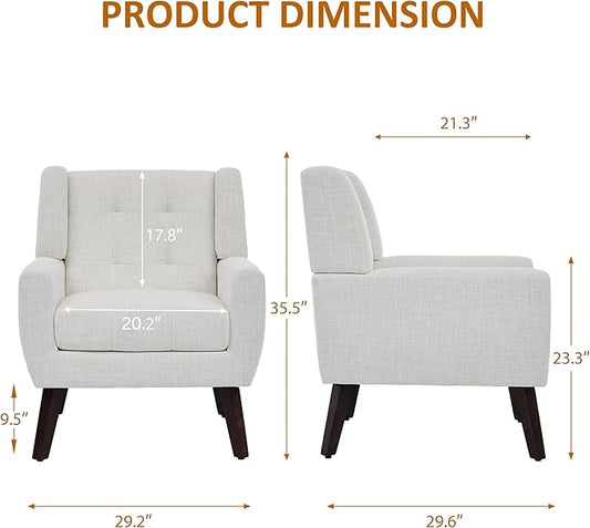 Accent Chair, Mid-Century Modern Upholstered Armchair, Comfy Fabric Living Room Chairs Reading Chairs with Button Tufted Back & Solid Wood Legs for Bedroom, Office, Beige