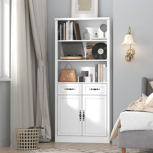 72'' Tall Bookcase with Doors and Drawers, Adjustable Shelves, P2 MDF Construction, 32'' Wide Freestanding Cabinet with Metal Handles, Hidden Storage for Living Room, Bedroom, White