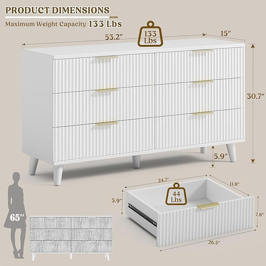 Lulive White Dresser for Bedroom Wood Dressers Chest of Drawers, Fluted 53.2" Wide Modern Long Dresser TV Stand 6 Drawers for Bedroom, Closet, Living Room, Hallway (White)