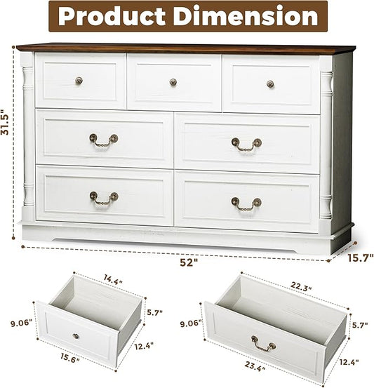 Farmhouse 7 Drawer Dresser for Bedroom, 52" Wide Rustic Chest of Drawers with Retro Handle, White Dresser with Natural Texture, Wood Vintage TV Stand for Living Room, Hallway, Antique White