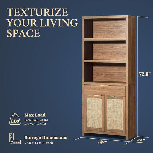 Hampstead Bookcase, Rattan Bookcase with Doors Cabinet and Drawer, 5-Tier Bookshelf, Large Wooden Book Case, Tall Bookshelves for Library Living Room (Weathered Oak, 2 Pieces)