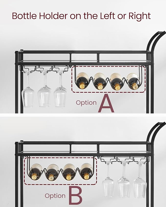 VASAGLE Bar Cart Black, Home Bar Serving Cart, Wine Cart with 2 Mirrored Shelves, Wine Holders, Glass Holders, for Kitchen, Dining Room, Black ULRC090B62