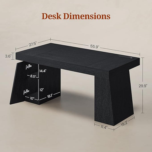 55.9 in Executive Desk with Power Outlets, Modern Home Office Desk with Storage Cabinet, Wood Computer Desk Business Workstation Desk Conference Table, Black (Storage Cabinet)