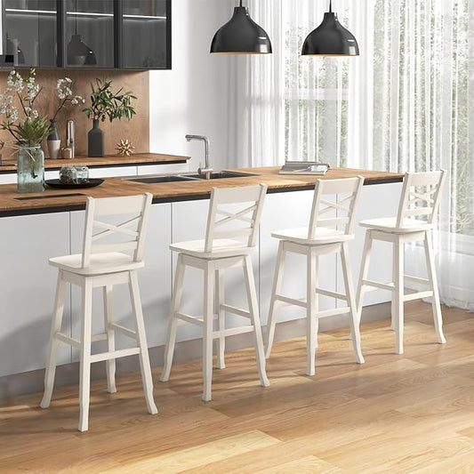 COSTWAY 30-Inch Bar Height Stool Set of 4, Rubber Wood Swivel Bar Stool with Inclined Backrest, Curved Seat & Footrest, Bar Chair for Kitchen Island & Pub (4, Cream)