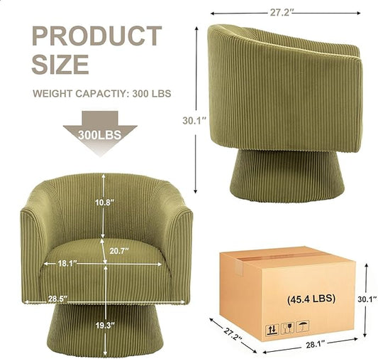 Swivel Accent Chair, Modern 360° Swivel Barrel Chair, Corduroy Upholstered Single Sofa for Living Room, Bedroom(Mint Green)