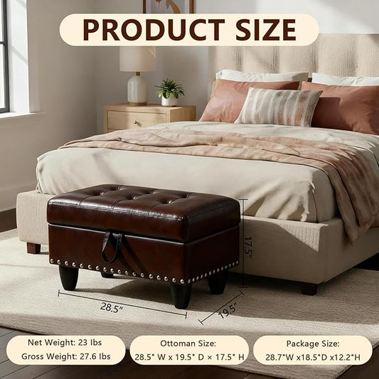 Faux Leather Storage Ottoman with Nailhead Trim, 28.5"X19.5"X17.5" Footrest Stool, Hidden Storage Foot Stool for Living Room, Bedroom Furniture, Red-Brown