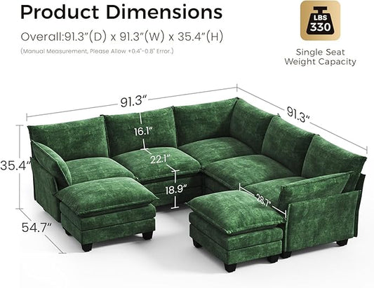 KKL 120" Modular Sectional Sofa, Large V Shape 7 Seater Convertible J/L/U-Shaped Modern Sectional Couch with Ottoman, Chenille Sectional Couches for Living Room, Apartment, Green