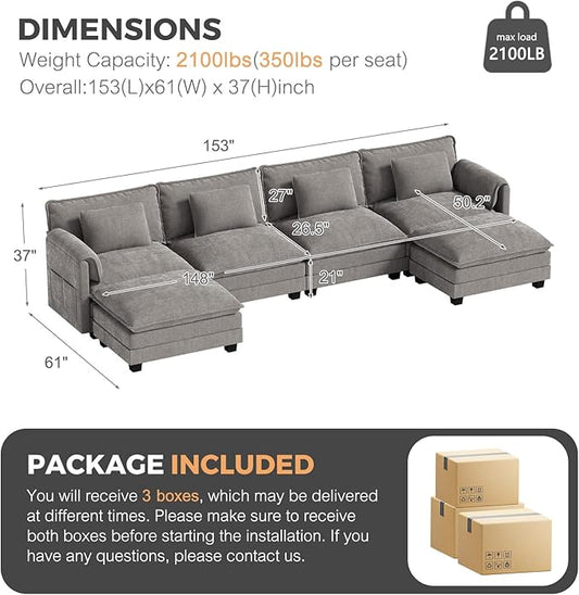ELUCHANG 153" Oversized Modular Sectional Sofa, Comfy Deep Seat Cloud Couch, 6 Seater U Shaped Modern Sofa with Removable Cover for Living Room, Apartment, DIY Combination, Chenille Light Grey