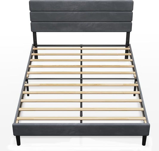 WLIVE Queen Size Upholstered Bed Frame, Velvet Square Tufted Headboard, Sturdy Metal & Wooden Slats Support, No Box Spring Needed, Light Grey
