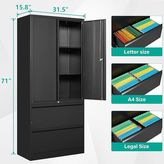 SISESOL Black Metal Storage Cabinet with Drawers and Lock,Locking Steel Storage Cabinet with Doors and Shelves,71" Office File Cabinets for Home Office,Warehouse,Garage,School (Black, 2 Drawers)