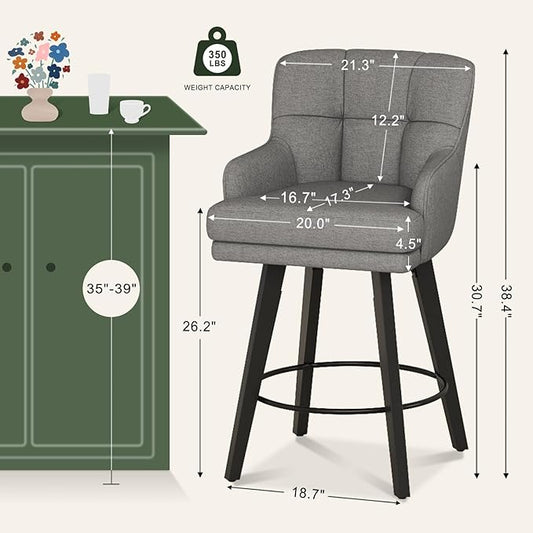 360°Swivel Counter Height Bar Stools with Back, 26 inch Solid Wood Legs, Bar Stool Modern Kitchen Island Chairs, Fabric (Mid-Grey- Fabric, 26" H- Set of 1)