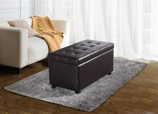 SIMPLIHOME Cosmopolitan Storage Ottoman - 34 inch Wide Upholstered Vegan Leather Rectangle Storage Ottoman Bench in Tanners Brown, Transitional Tufted Ottoman for Living Room with Lift-Up Lid
