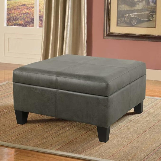 HomePop Faux Leather Square Storage Ottoman with Wood Legs, Pewter Gray