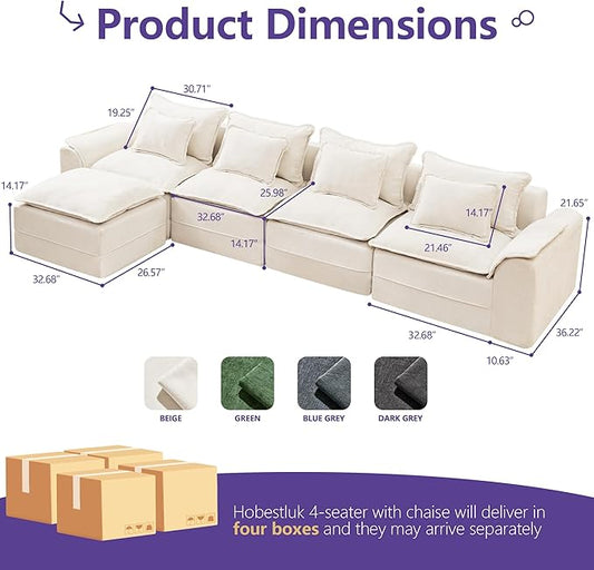 Hobestluk Cloud Modular Sectional Couch 4-Seater Sofa with Ottoman L Shaped Couch Deep Seat Sofa with Removable Cover Large Sofa for Living Room (Beige, 4-Seater Sofa with One Ottoman)