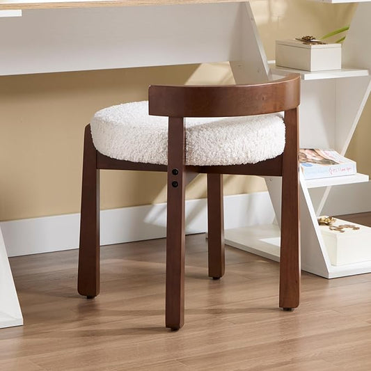 Modern Vanity Chair Upholstered Small Ottoman Footstool, Make Up Stool Sherpa Fabric with Backrest Wooden Frame for Living Room Bedrooms, 2PCS, White