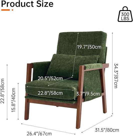 Accent Chair with Wooden, Mid Century Modern Living Room Chairs with Soft Armrest, Reading Pottery Barn Accent Chair, Chenille Armchair, Comfy Side chair with Lumbar Pillow for Lounge, Green