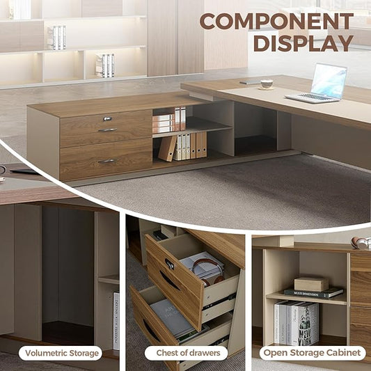 Modern L Shape Executive Desk with Drawers and Lockable Storage Cabinet, Large Executive Office Desk with Cable Management (Champagne Wood Grain+Beige/Left,79" L*63" W*30" H)