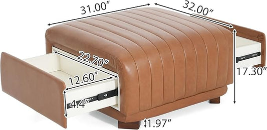 Christopher Knight Home Reyno Upholstered Ottoman with Storage for Living Room, Faux Leather Storage Ottoman Foot Rest with Side Drawers, Modern Square Coffee Table with Wooden Frame, Brown