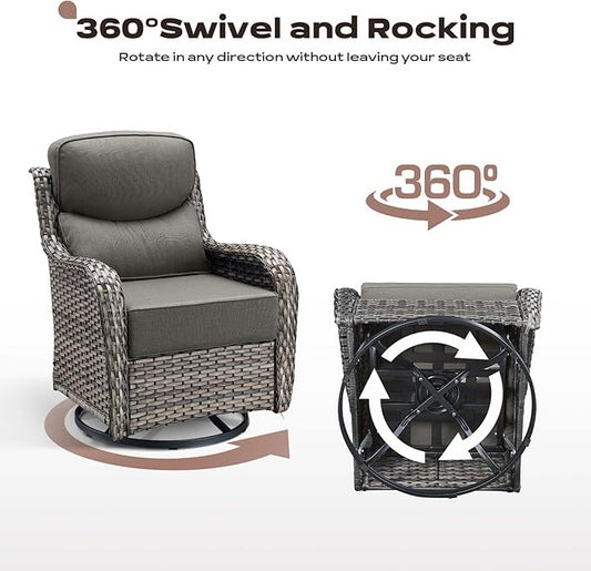 Rilyson Wicker Outdoor Patio Furniture Set - 6 Piece Patio Conversation Sets with Swivel Rocker Chairs, Ottomans, Sofa and Coffee Table, 6 inch Cushions, Deep Seating, for Porch Deck Mixed Grey/Grey