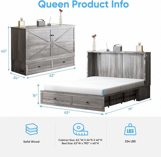 Mjkone Murphy Bed, Cabinet Murphy Bed with Tri-Fold Memory Foam Mattress, Farmhouse Wooden Cabinet Beds with USB Charging Station and 2 Storage Drawers for Bedroom/Office/Guest Room-Gray, Queen