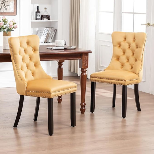 Velvet Dining Chairs Set of 2, Tufted Dining Room Chairs with Nailhead Ring Pull Trim, Upholstered Dining Chairs with Solid Wood Legs for Kitchen Dining Room (Gold)
