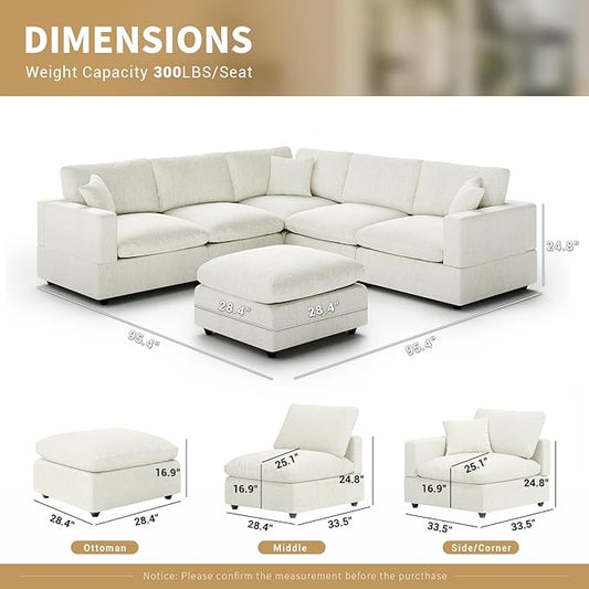 Modern Sectional Linen Couch for Living Room V-Shape Sofas,6 Seat Modular Cloud Sofas with Ottoman,Couches Cushion Covers Removable,Cozy Feather Down Sofa for Apartment Cream White