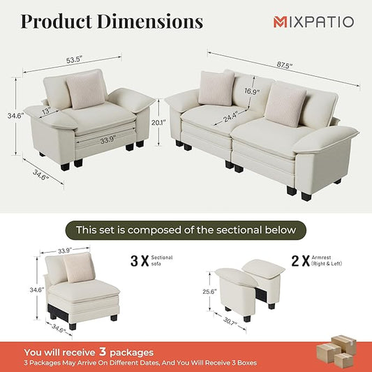 L-Shaped Cloud Modular Sofa Set with Chaise, Deep Seat 3-Piece Sectional & Removable Arms, Plush Chenille for Living Room - Beige