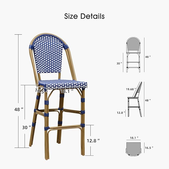 PURPLE LEAF French Bar Stool Set of 4 Bamboo Print Finish Patio Bar Stools with Back Rattan Bar Chairs Wicker Bar Height Stool 30" with Footrest Kitchen Island Stools Outdoor Barstool Royal Blue
