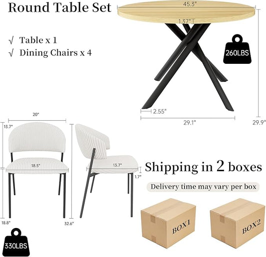 45.3 Inch Round Dining Table Set for 4, Mid Century Modern Small Coffee Set for Dining Room Kitchen Apartment (Cream Table + 4 White Shell Chairs)
