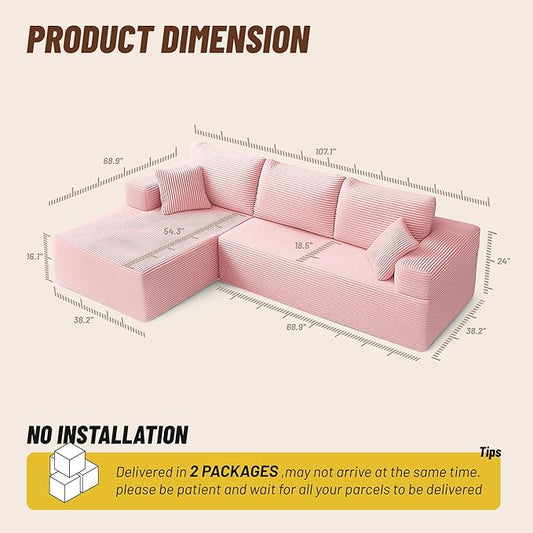 107" Boneless Couch with Deep Seat, Modular Sectional Sofa, Cloud Sectional Couch for Living Room, No Assembly Required, Corduroy, L-Shape Left,Pink