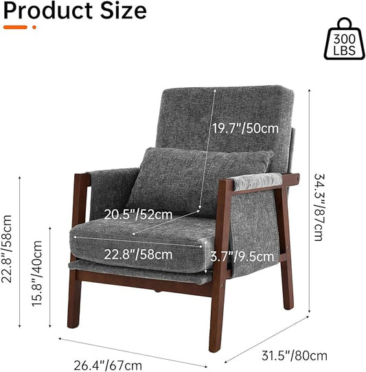 Accent Chair Mid-Century Modern with Lumbar Support Pillow, Upholstered Living Room Chairs with Wooden, Chenille Armchair with Cushion, Anthropologie Side Chair for Bedroom, Dark Grey