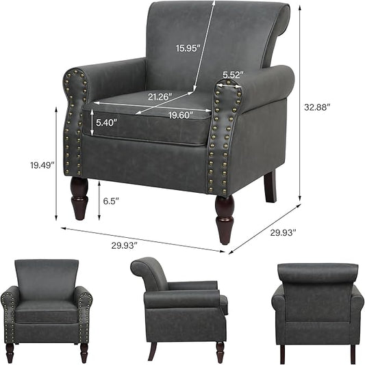 Accent Chair, Mid Century Modern Faux Leather Arm Chair with Wood Leg for Living Room, Bedroom, Comfy PU Leather Club Reading Chairs with Wingback & Nailhead Trim (Leather Black Grey, Set of 1)