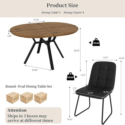 Extendable Round Dining Table Set for 4 People, 43.3"-59.1" Extendable Kitchen Table with 4 Upholstered Chairs, Space Saving for Kitchen Dining Room (Walnut Table+4 U-Shaped Black Chairs)