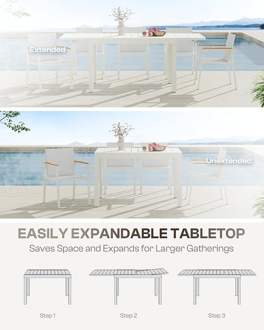 Expandable Outdoor Patio Dining Table Set for 6-8 Person, Aluminum Outdoor Table and 4 Chairs with Textilene Fabric & HDPS Armrest, All-Weather Patio Furniture Set for Yard, Garden, White